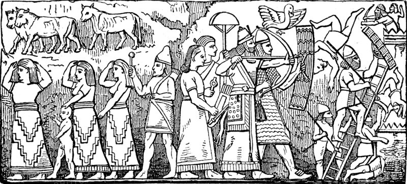Assyrian warriors taking a fortress and leading away the prisoners