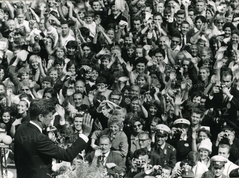 President John F. Kennedy exchanges greetings with the crowd