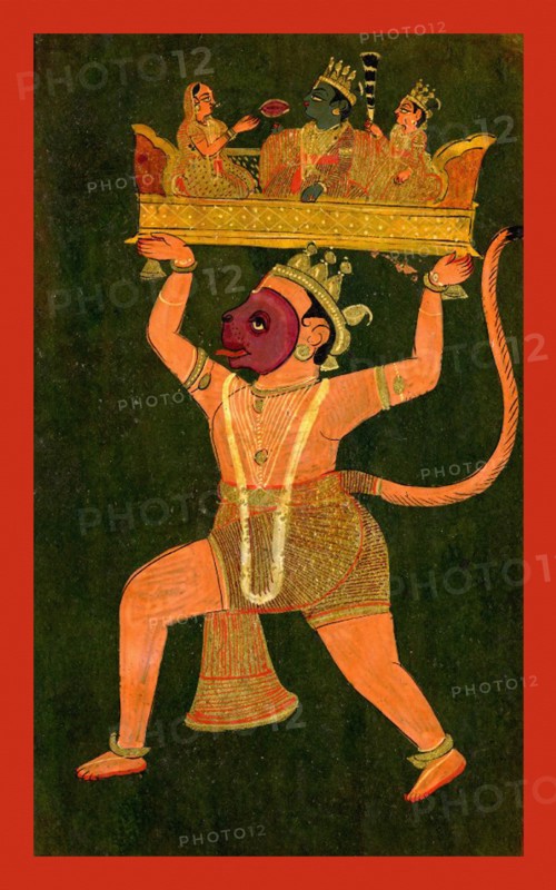 Hanuman carrying Rama, Sita and Lak?ma?a on a throne