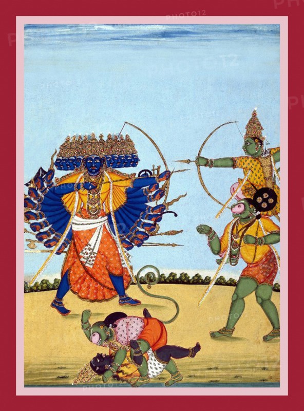 Rama mounted on Hanuman's shoulders fighting Rava?a