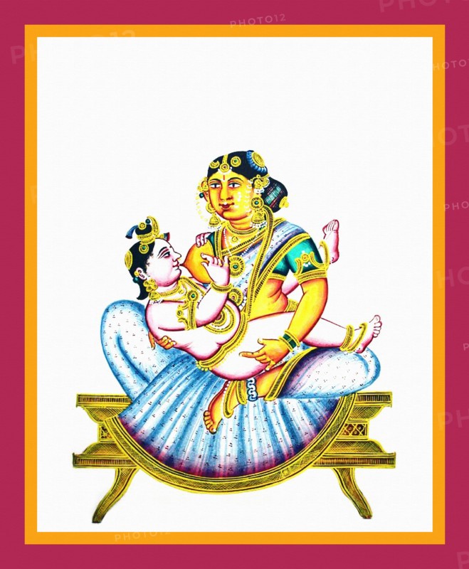 Yashoda in a sari nursing Krishna