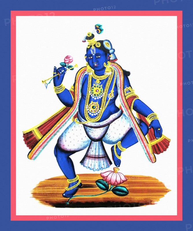 Krishna dances with a flute and a flower