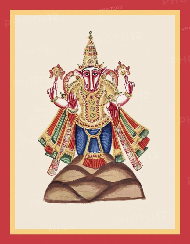 Varaha, with a boars head, emerging from a hillock