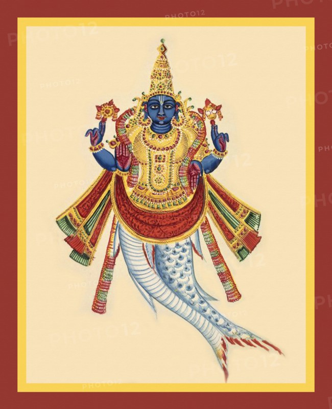 Matsya emerging from the tail of a fish