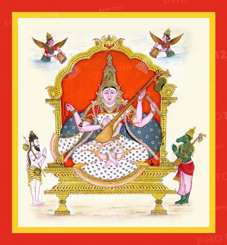 Goddess Sarasvati on a throne