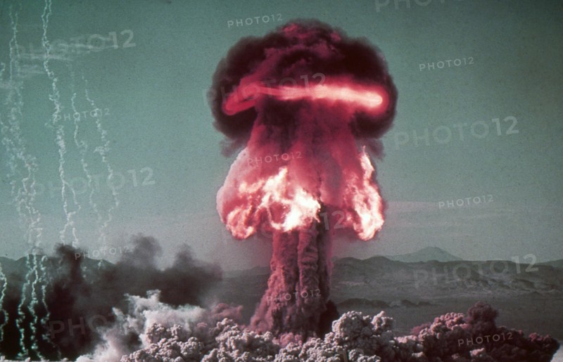 Atomic bomb explosion fireball. Camp Mercury, Yucca Flats, Nevada, 1957.