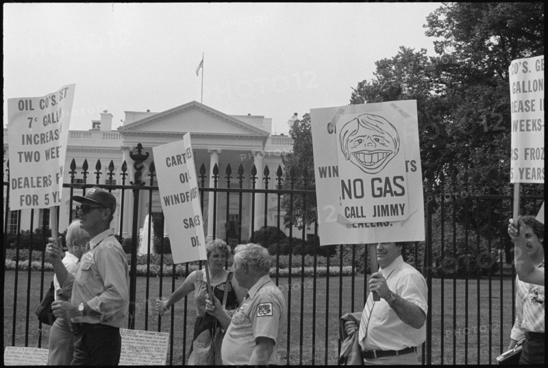 Gasoline dealers demonstrate with picket signs against government oil policy at the White House, Washington, DC, 8/1/1979.