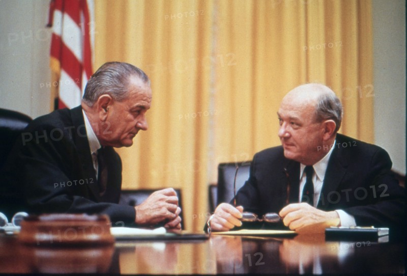 President Lyndon B. Johnson confers with Secretary of Defense Dean Rusk at the White House. Washington, DC, circa 1967.