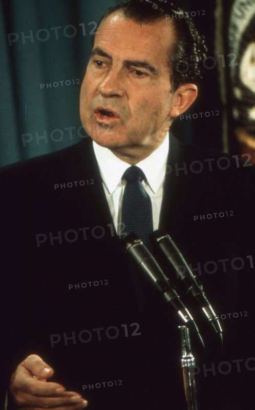 President Richard M. Nixon speaking at a Press Conference. Washington, DC, circa 1970.