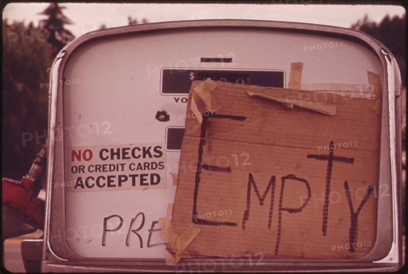 Empty gas pump during gas shortage, no location, 1973.