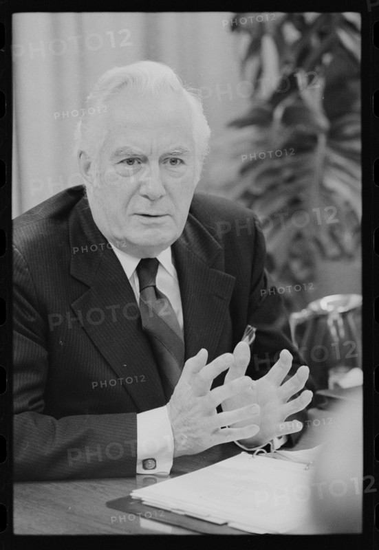 Portrait of Chief Justice of the US Supreme Court Warren E. Burger taken during an interview, Washington, DC, 11/25/1977.