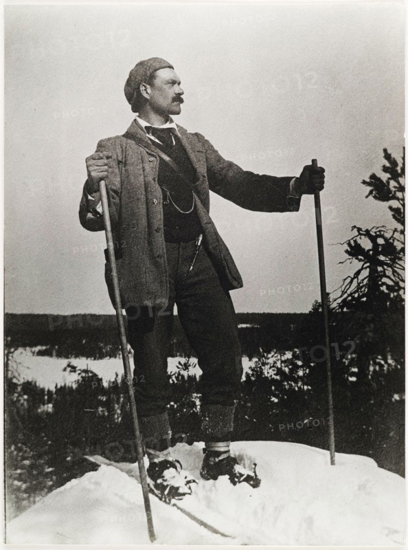 Axel Gallén skiing at the summit of Kirppuvuori in Suolahti, 1906