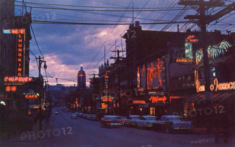 Vancouver's Chinatown at night. ca. 1950-1959  Credit: UBC Library