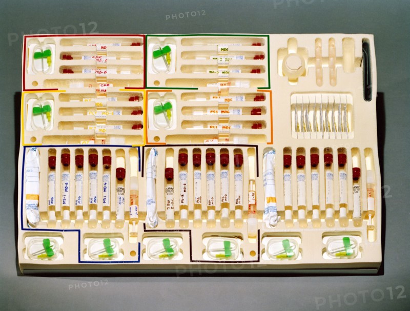 A close-up view of a training version of a STS-40/SLS-1 blood kit