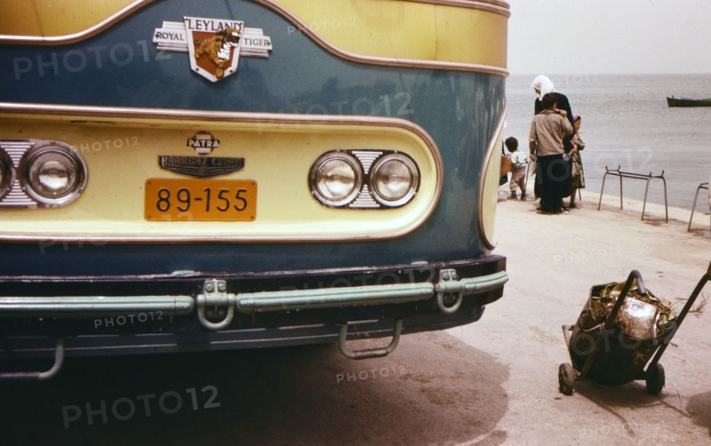 Front of a Leyland Royal Tiger coach, Haargaz Bus Company by the sea