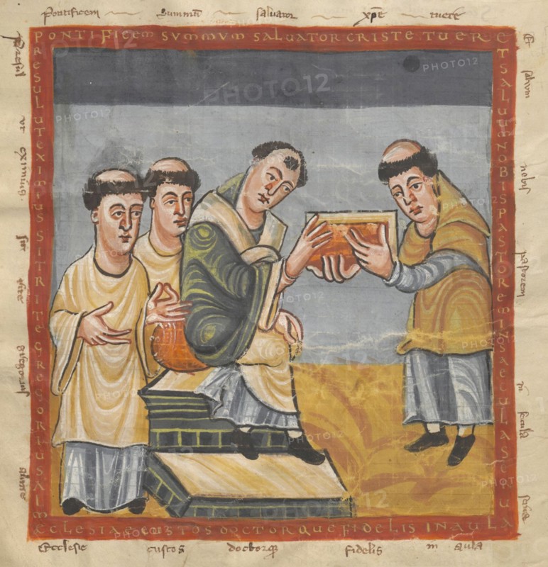 Gregory Iv (Middle) Receives His Book From Rabanus Maurus (Right).
