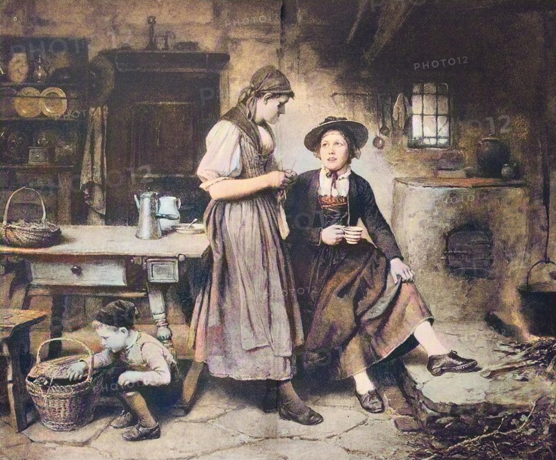 Two Friends Are Chatting In The Kitchen While A Boy Lets A Hen Out Of The Basket