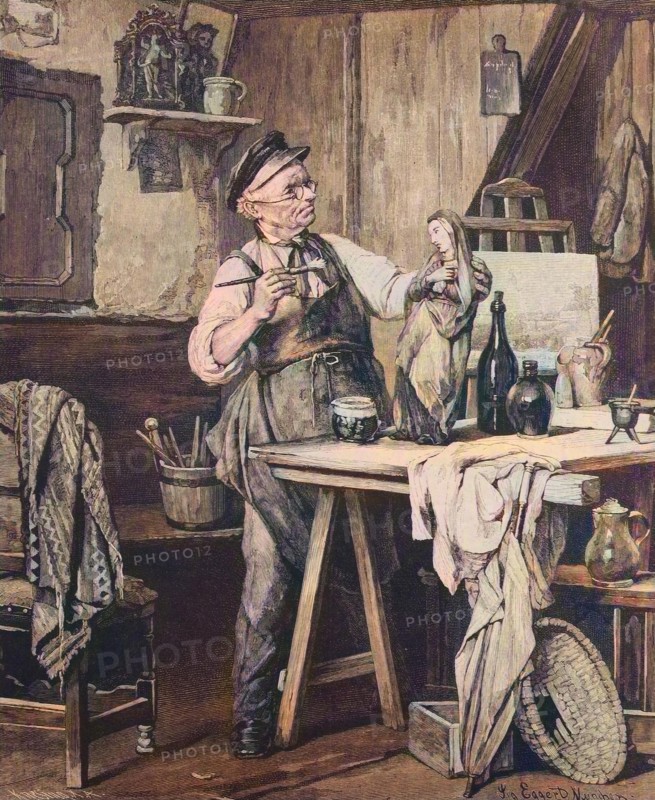 Artist Paints A Carved Madonna In His Workshop / The Artist Paints A Carved Madonna In His Workshop
