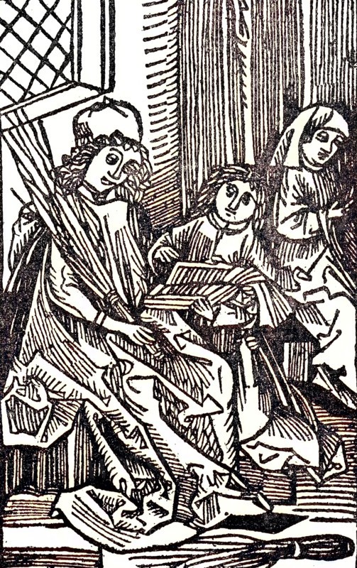 Teacher With The Rod As A Stand Symbol And Two Students