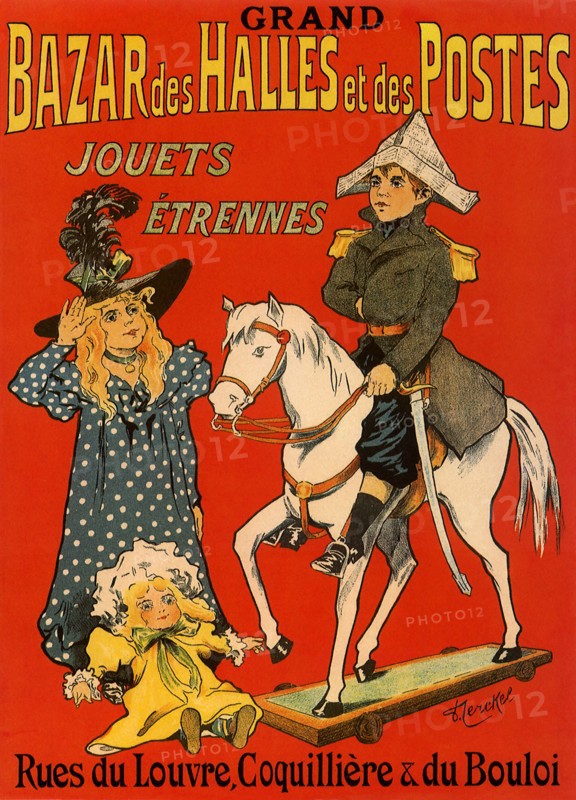 Girl with Doll looks at Boy on Toy Horse.