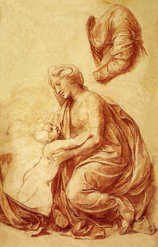 La Vierge assise, tournee vers la gauche prenant l'Enfant.