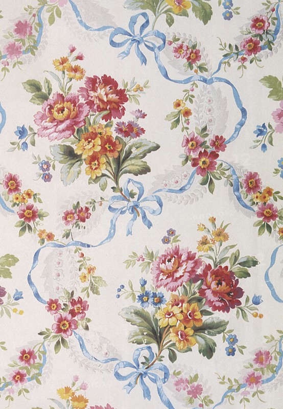 Blue ribbon and Floral bouquet repeat pattern.