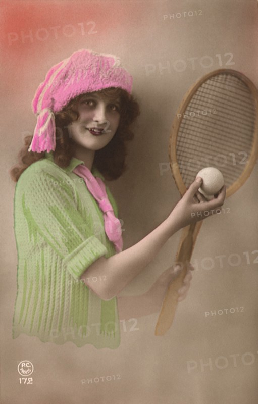 French Woman with Tennis Racquet and ball.