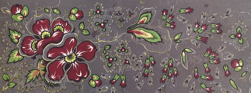 Red Flower Floral Repeat Pattern on Grey Blue Background.