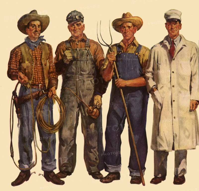 A Cowboy, Mechanic, Farmer and Milkman stand together.