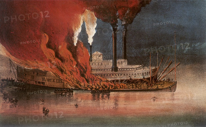 Burning of the Palace Steamer 'Robert E. Lee'.