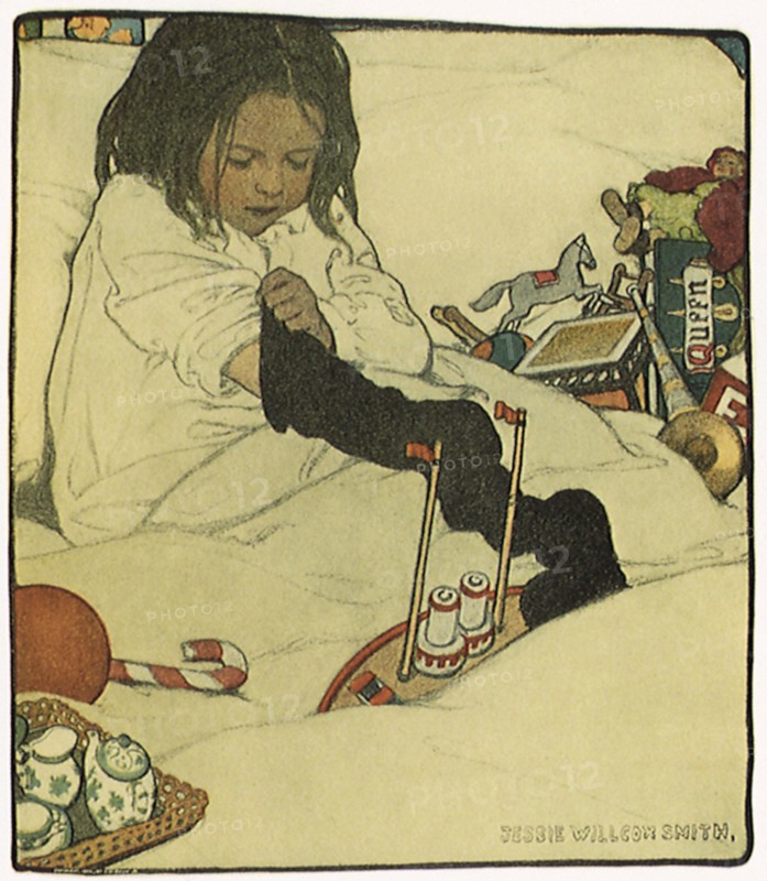 Girl reaches for Toys in Christmas Stocking.