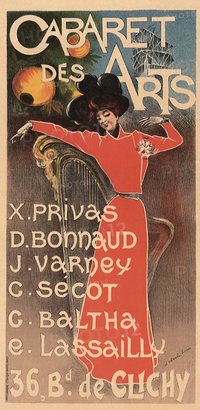 Woman in Red Standing by Large Harp.