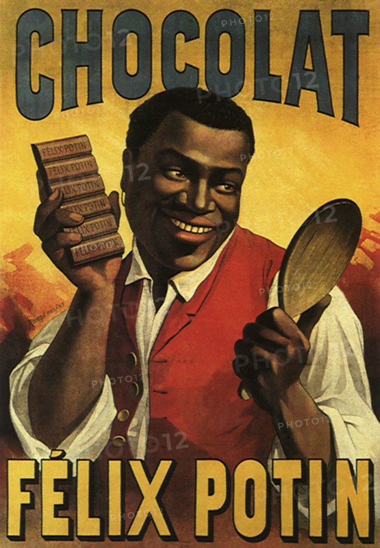 Chocolate poster with man holding chocolate bar.