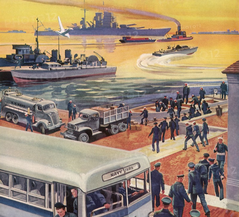 Sailors transfer from Navy Busses to Loading Barges.