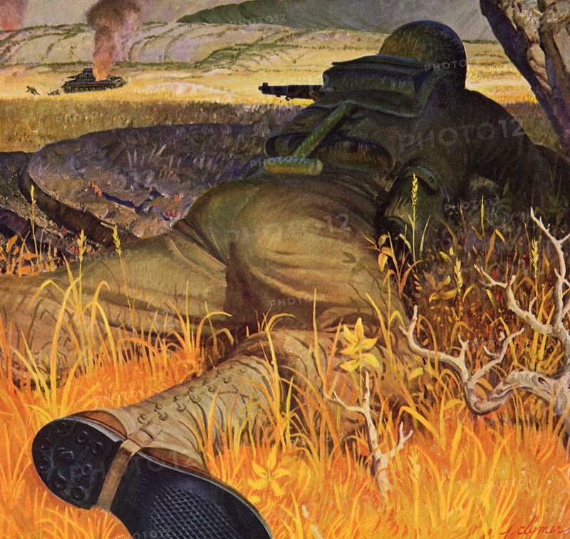Soldier laying Prone attacking Enemy Tank.