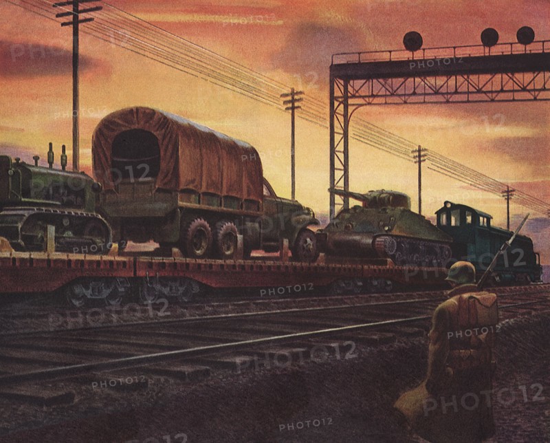 Tanks, Tractors and Trucks on Train.