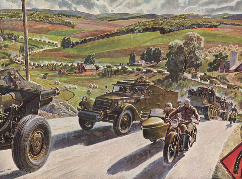 Half-tracks, Motorcycles and Troops on Country Road.
