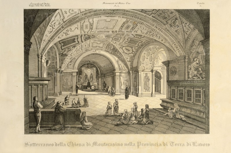 19th Century Engraving. Underground of the Church of Monte Cassino. Monte Cassino. Cassino. Lazio. Italy