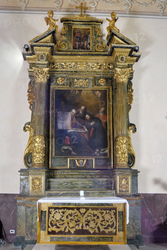 First Altar On the Left Dedicated to Sant'anna. the Altarpiece Represents the Education of the Child Mary. Author Filippo Ricci. Church of Saints Nicolò and Martino. Lapedona. Marche. Italy