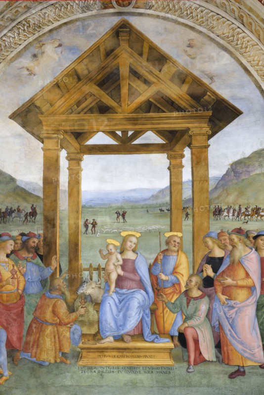 Trevi (Italy, Umbria, province of Perugia), Sanctuary of the Madonna delle Lacrime, Chapel of the Nativity. Perugino, Adoration of the Magi, 15th-16th century, fresco