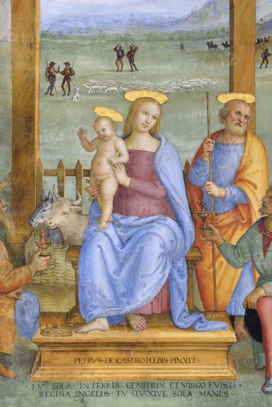 Trevi (Italy, Umbria, province of Perugia), Sanctuary of the Madonna delle Lacrime, Chapel of the Nativity. Perugino, Adoration of the Magi, 15th-16th century, fresco
