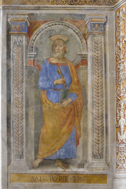 Trevi (Italy, Umbria, province of Perugia), Sanctuary of the Madonna delle Lacrime, Chapel of the Nativity. Perugino, Adoration of the Magi, St. Peter, 15th-16th century, fresco