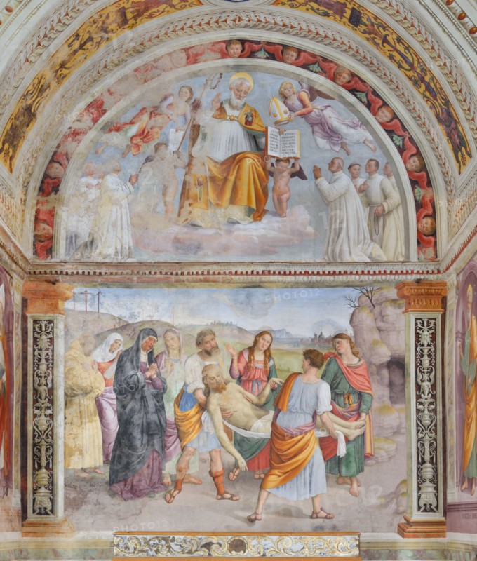 Trevi (Italy, Umbria, province of Perugia), Sanctuary of the Madonna delle Lacrime, Chapel of San Francesco. Giovanni di Pietro, known as Lo Spagna, Transport of Christ, in the lunette Sant'Ubaldo, 15th-16th century, fresco