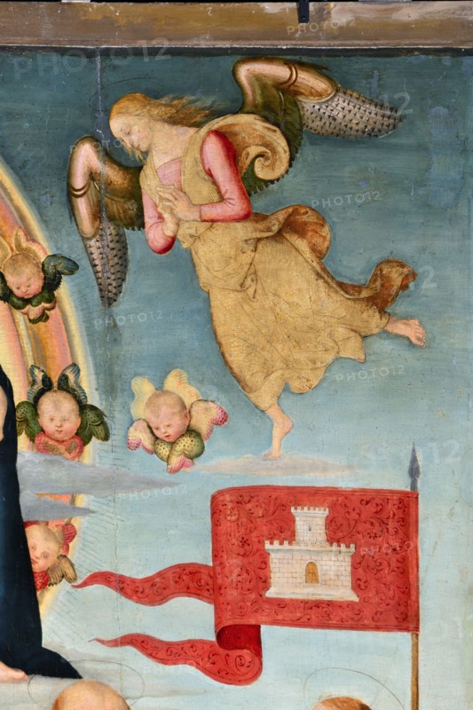 Città della Pieve (Italy, Umbria, province of Perugia), Cathedral of Saints Gervasio and Protasio. Perugino, Madonna and Child with Saints Gervasio, Pietro, Paolo and Protasio, painted on wood. Detail