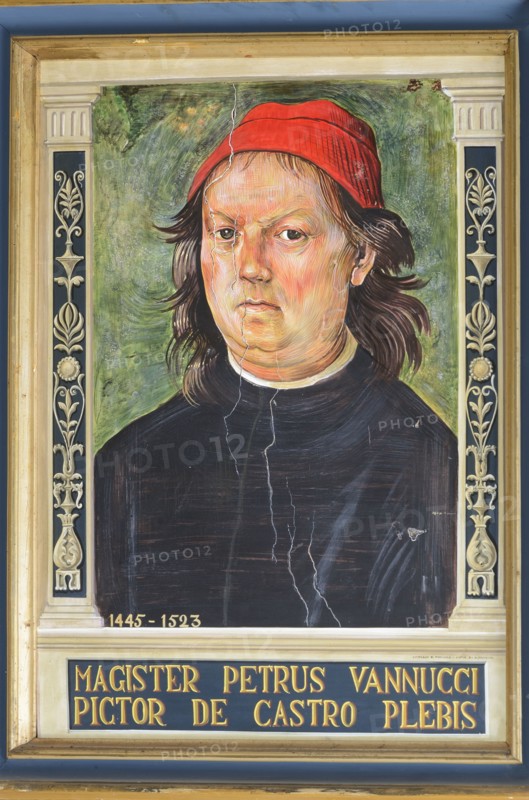 Città della Pieve (Italy, Umbria, province of Perugia), Cathedral of Saints Gervasio and Protasio. Copy on ceramic of Perugino's self-portrait