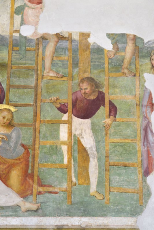 Città della Pieve (Italy, Umbria, province of Perugia), Church of Santa Maria dei Servi. Chapel of the Madonna della Stella, Perugino, Deposition from the cross, fresco, 15th-16th century. Detail