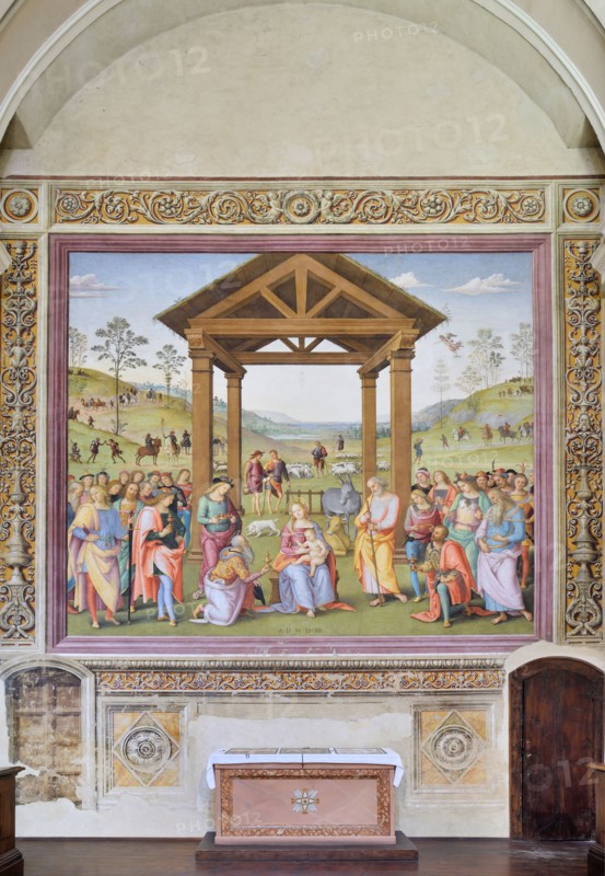 Città della Pieve (Italy, Umbria, province of Perugia), Oratory of Santa Maria dei Bianchi, Perugino, Adoration of the Magi, fresco dimensions 700x650 cm, dating 1504