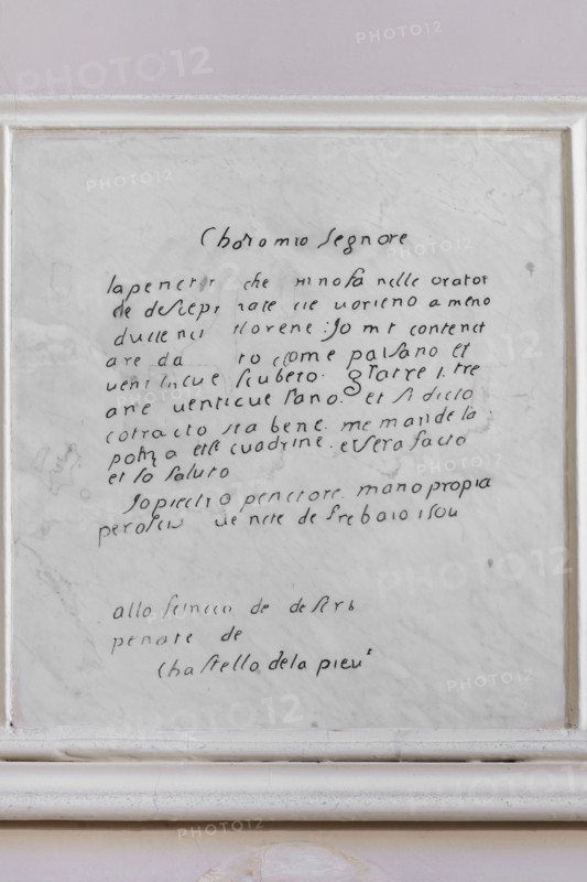 Città della Pieve (Italy, Umbria, province of Perugia), Oratorio Santa Maria dei Bianchi, copy of the first letter sent by Perugino on 20 February 1504 to the mayor of the Disciplinati della Vergine di Città della Pieve 'Charo mio Segnore. The pentura they do in the Oratorio de Desceprenate cie vorrieno less duciento florene. I contenctarò de ciencto, chome paisano; twenty-five the anus. Et si dicto contracto is fine, send me the police and the cuadrine, et serà facto et salute him '