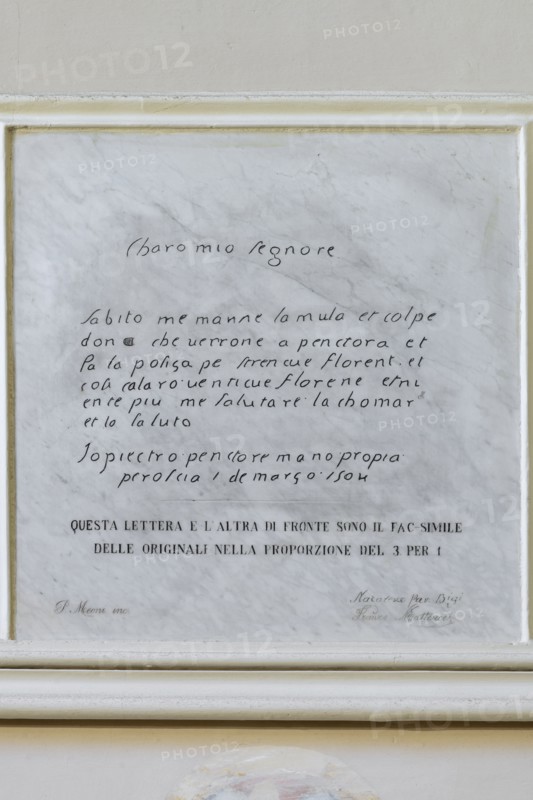 Città della Pieve (Italy, Umbria, province of Perugia), Oratorio Santa Maria dei Bianchi, copy of the second letter sent by Perugino on 1 March 1504 to the mayor of the Disciplinati della Vergine di Città della Pieve 'Charo mio Segnore. Immediately me manne the mule, and with the pedestrian, who will verrone a penctorà; et make the policy for strenque florene, and nothing more; greet me the chomare et salute him '