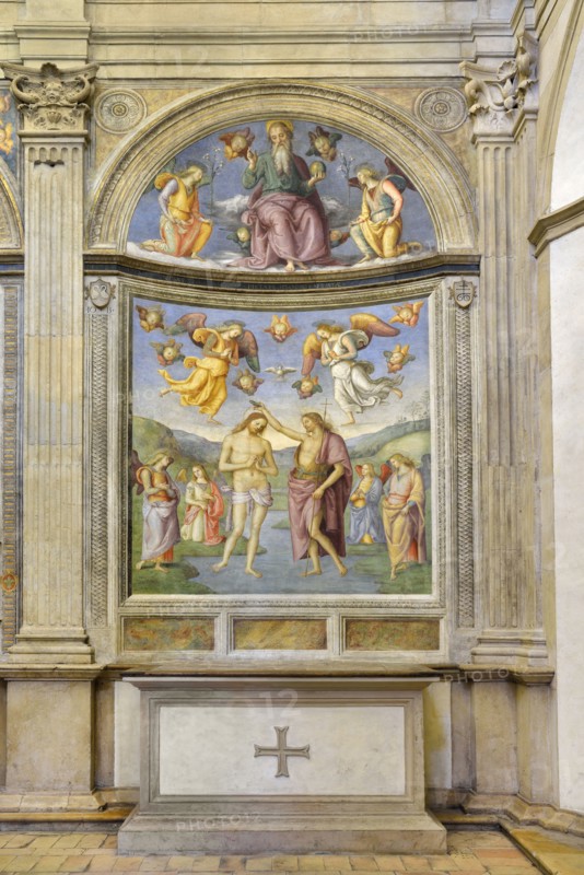 Foligno (Italy, Umbria, province of Perugia), Oratory of the Nunziatella. Perugino, Baptism and the Eternal Adored by two angels, fresco